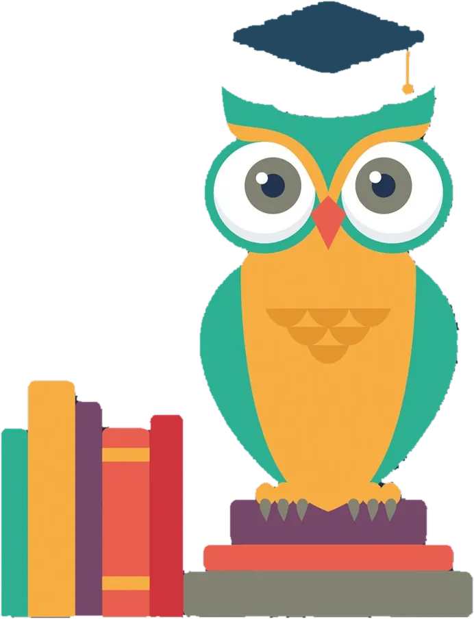Illustration: an owl in a graduation cap, perched on a stack of books beside a row of them.