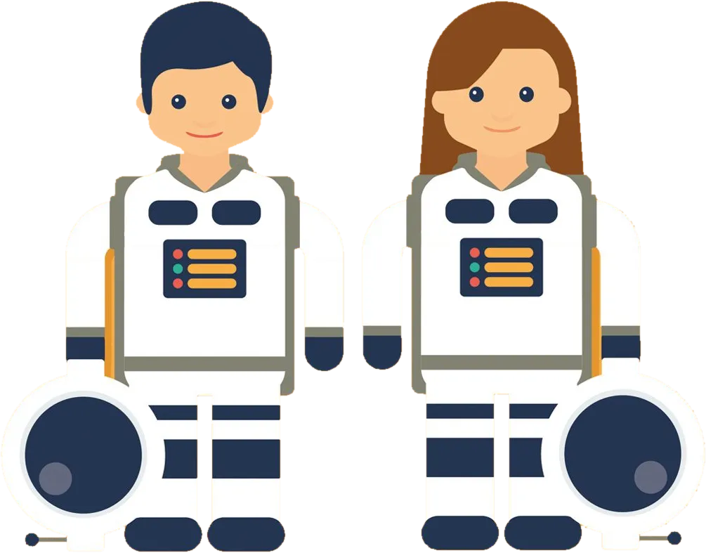 Illustration: two figures in spacesuits standing side by side, helmets held at their sides.