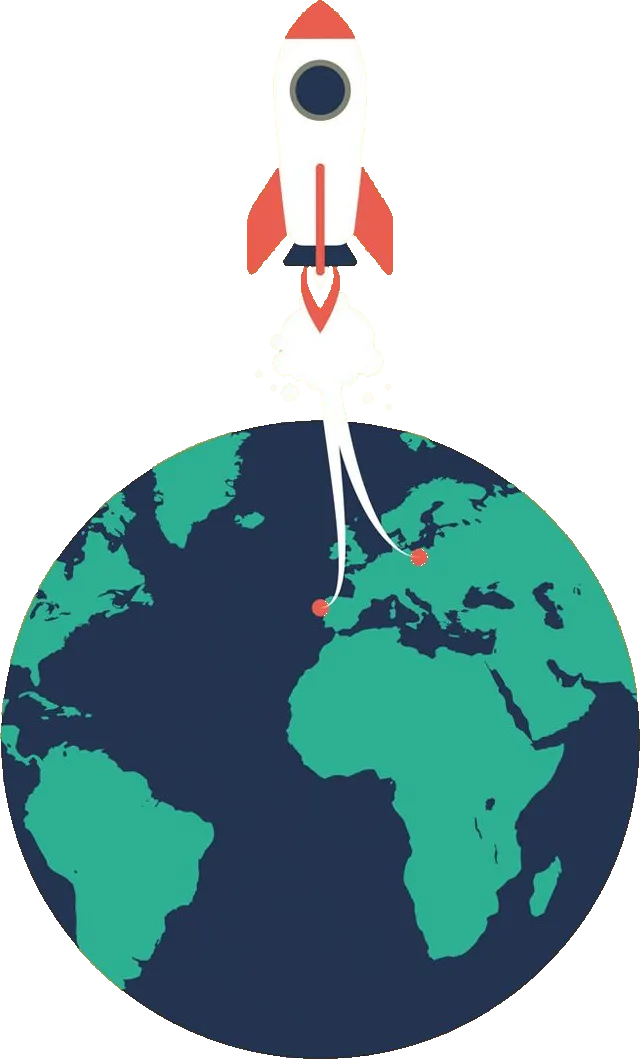Illustration: a rocket climbing away from a globe, its trail rising from two points marked in Europe.